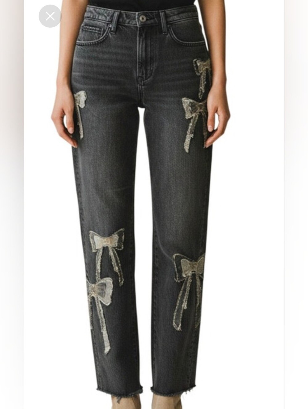 DRIFTWOOD Black Straight-Leg Jeans with Silver Bow Appliqués